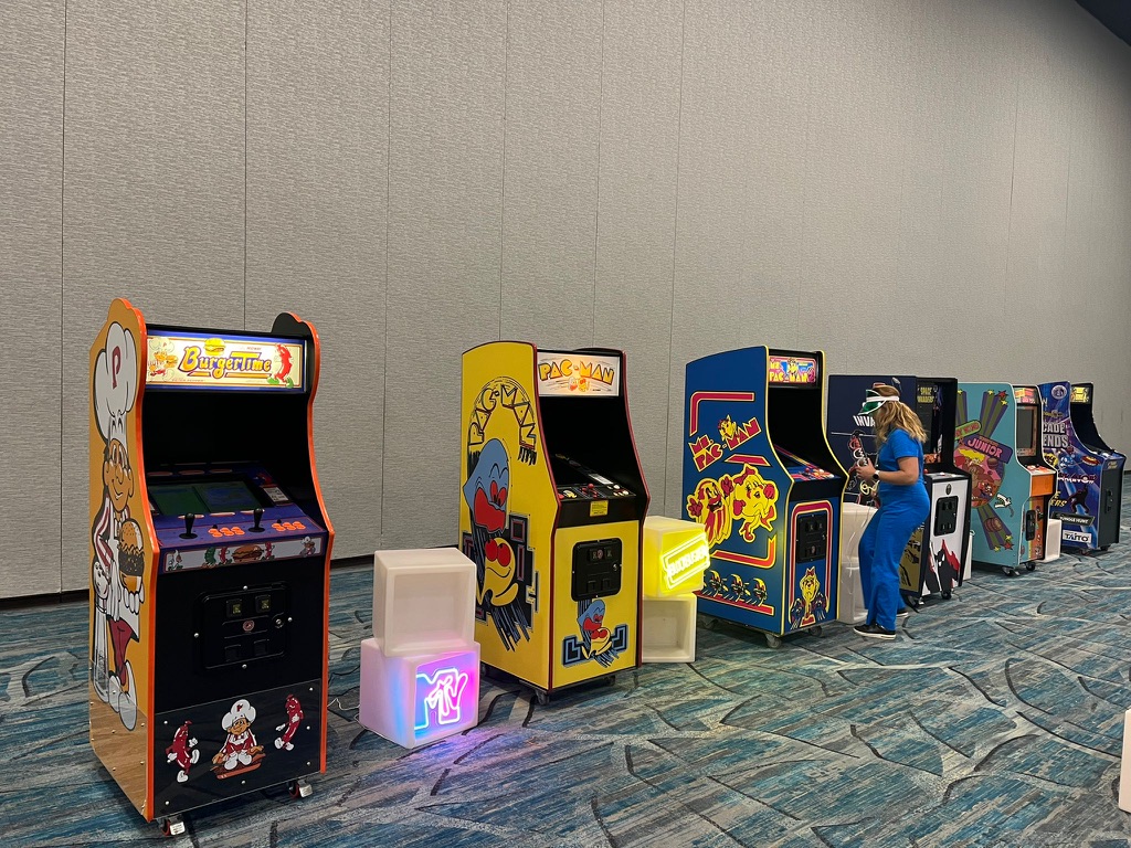 classic arcade games set up for a corporate party rental in Florida