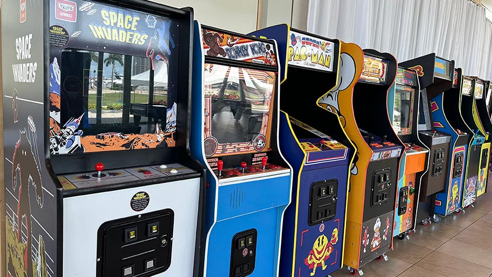 classic arcade games set up for a corporate party rental in Florida